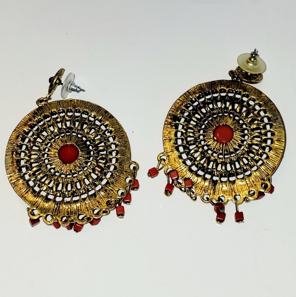 Mandela Earrings, Goldtone with Rust Orange Beading, Post Back - Picture 4 of 4